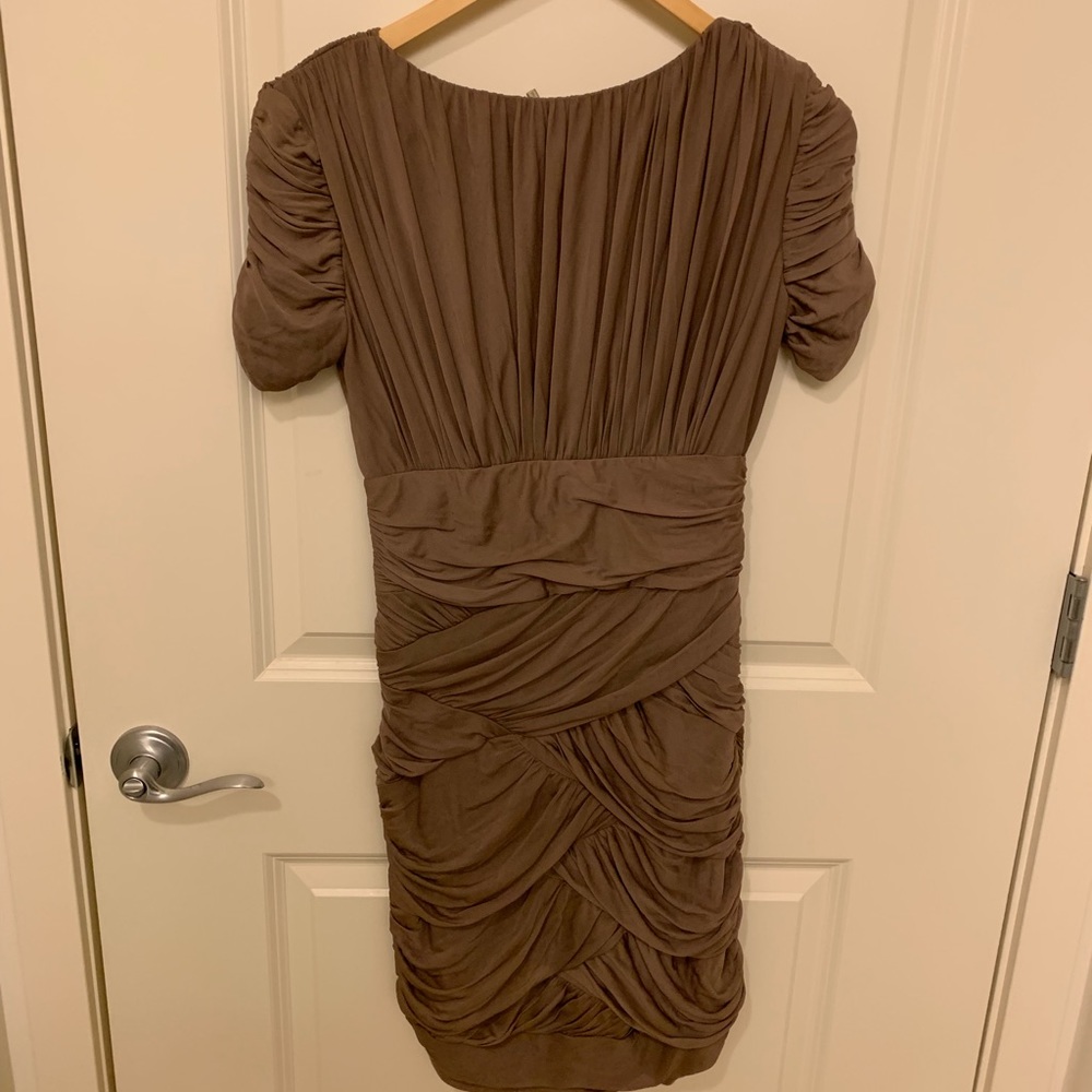 Halston Heritage Tan Ruched V-neck Dress, Small - Picture 4 of 7